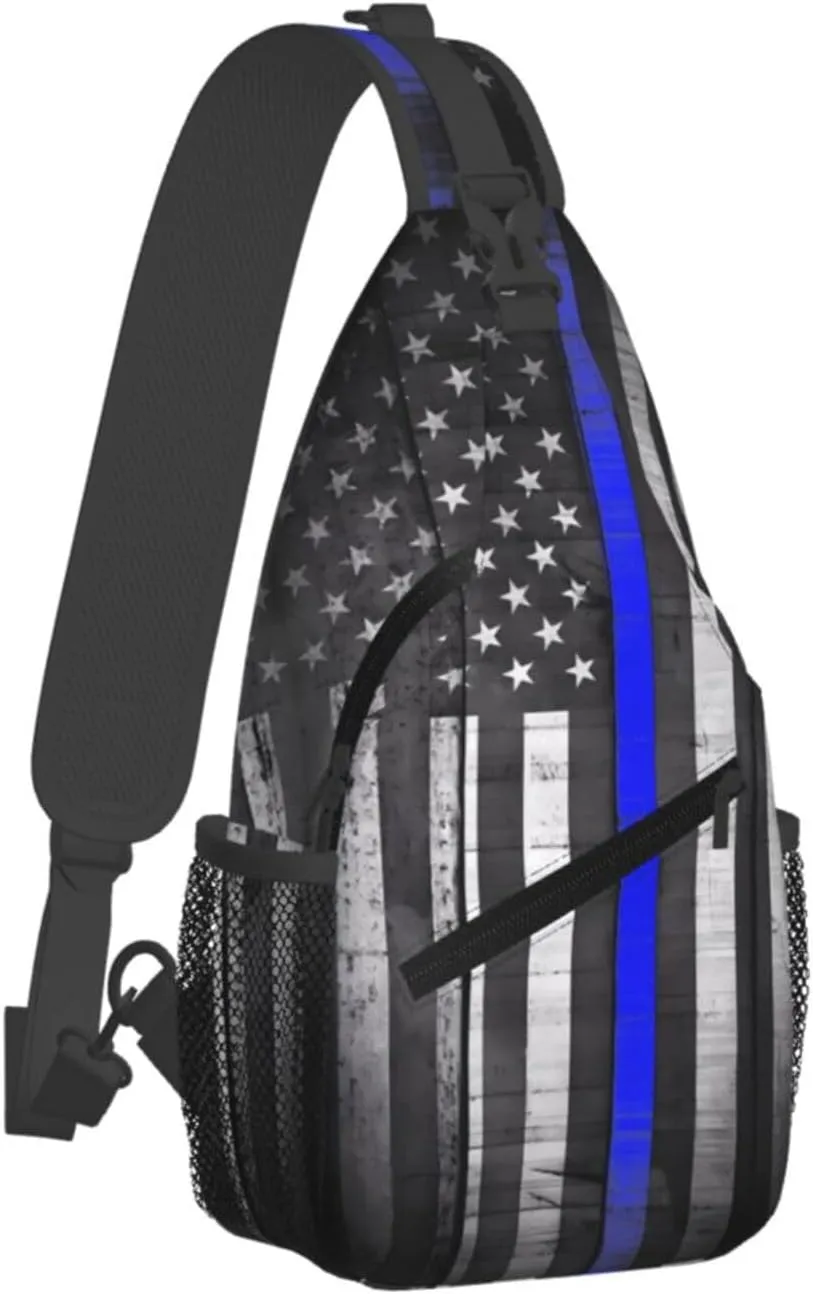 Thin Blue Line Black White American Flag Crossbody Sling Bag Chest Bags Casual Shoulder Backpack Sport Fanny Pack Gym Diagonally Daypack with Adjustable Strap for Running