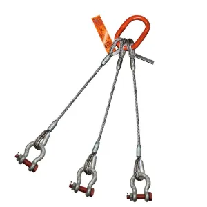 Three Leg Wire Rope Sling | 46 Ton Vertical Rated | Thimble-to-Bolt Anchor Shackle | 1-3/8" Dia. | 18' Length | EIPS 6x37 IWRC | Hanes Supply (HSI) Heavy Duty Rigging Cable for Lifting and Towing