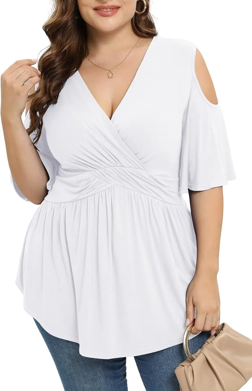 TIANZHU Plus Size Tops for Women Sexy Empire Waist Dressy Short Sleeve Shirts with Cold Shoulder Detail