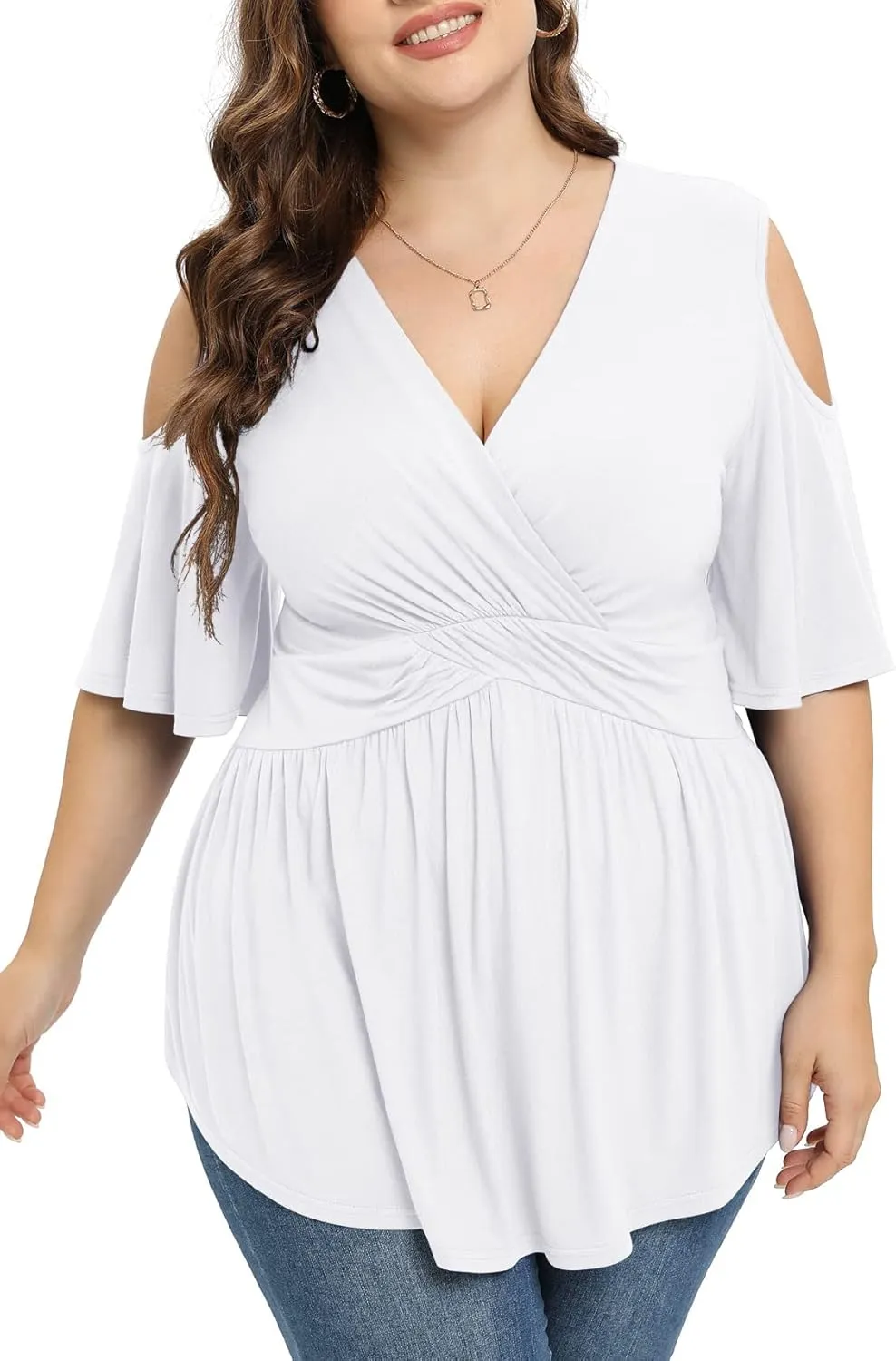 TIANZHU Plus Size Tops for Women Sexy Empire Waist Dressy Short Sleeve Shirts with Cold Shoulder Detail