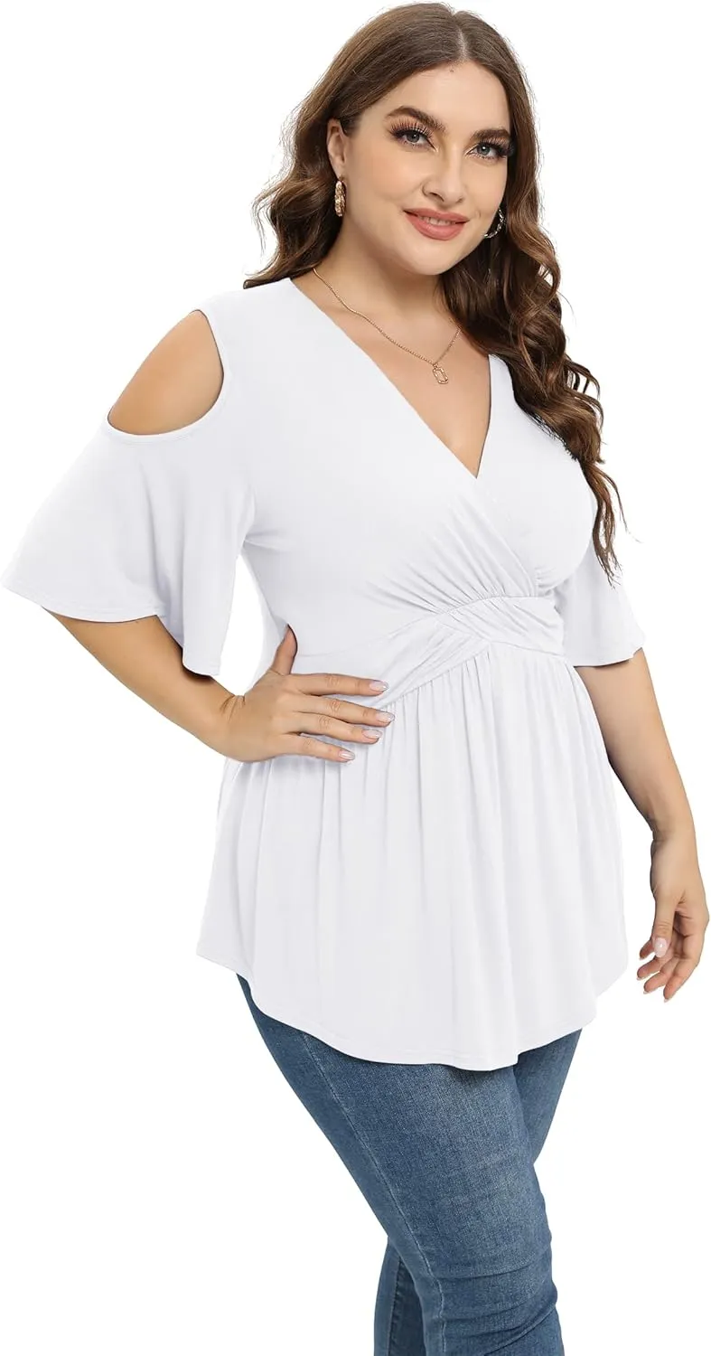 TIANZHU Plus Size Tops for Women Sexy Empire Waist Dressy Short Sleeve Shirts with Cold Shoulder Detail