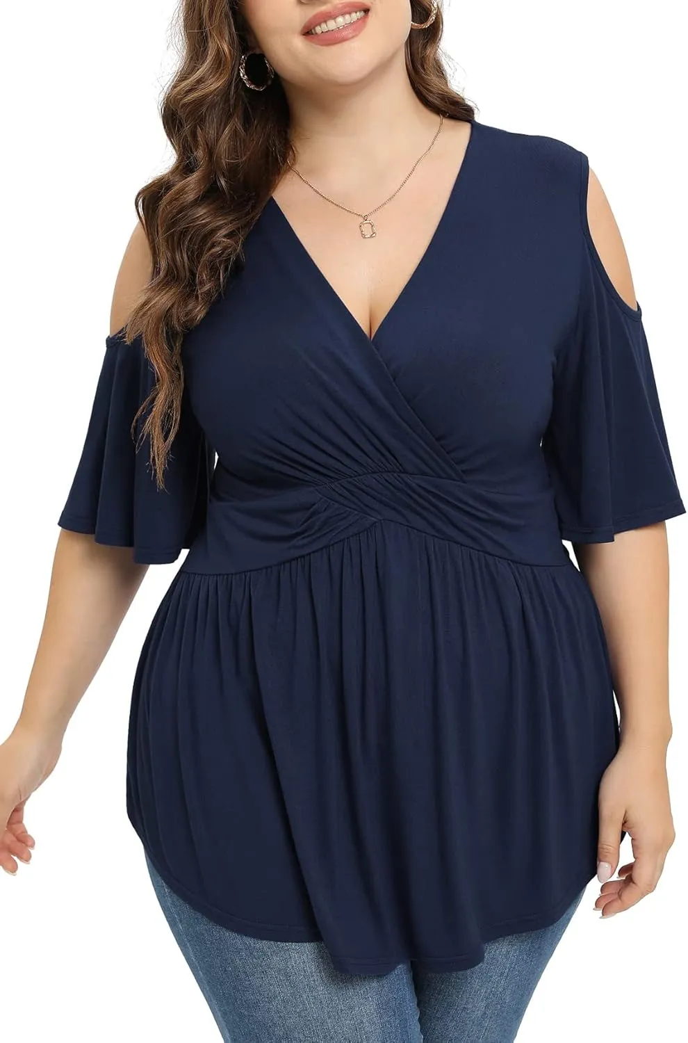 TIANZHU Plus Size Tops for Women Sexy Empire Waist Dressy Short Sleeve Shirts with Cold Shoulder Detail