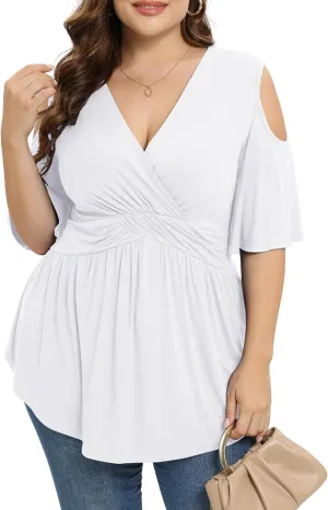 TIANZHU Plus Size Tops for Women Sexy Empire Waist Dressy Short Sleeve Shirts with Cold Shoulder Detail
