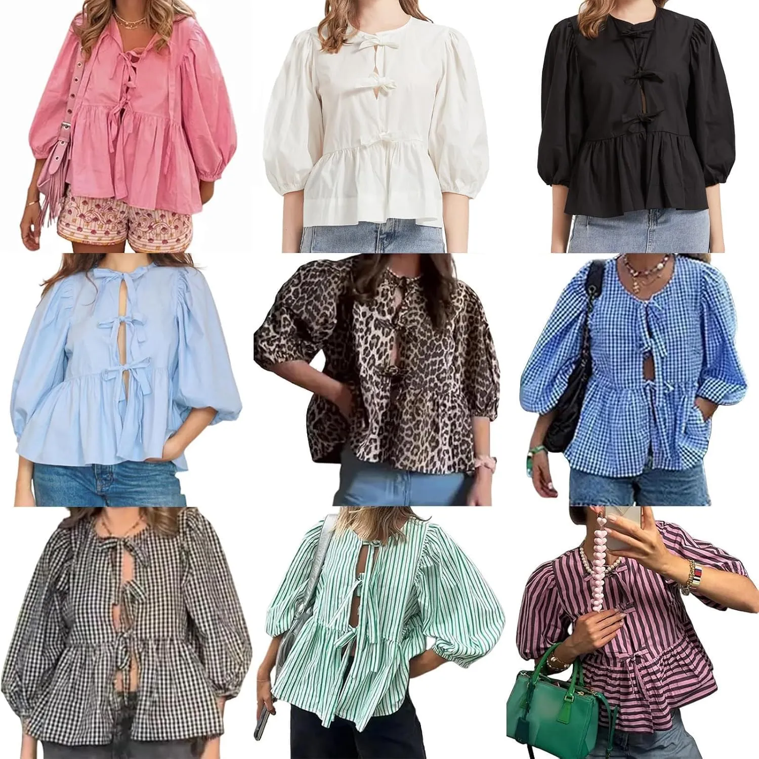 Tie Front Tops Womens Y2k Leopard Print Peplum Babydoll Top 3/4 Length Puff Sleeve Coquette Cute Going Out Tops