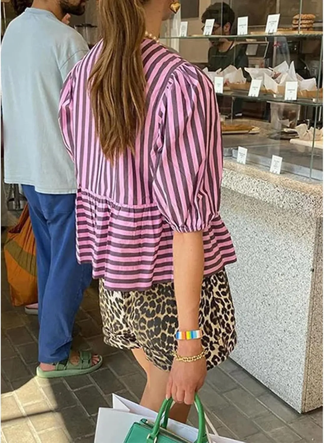 Tie Front Tops Womens Y2k Leopard Print Peplum Babydoll Top 3/4 Length Puff Sleeve Coquette Cute Going Out Tops