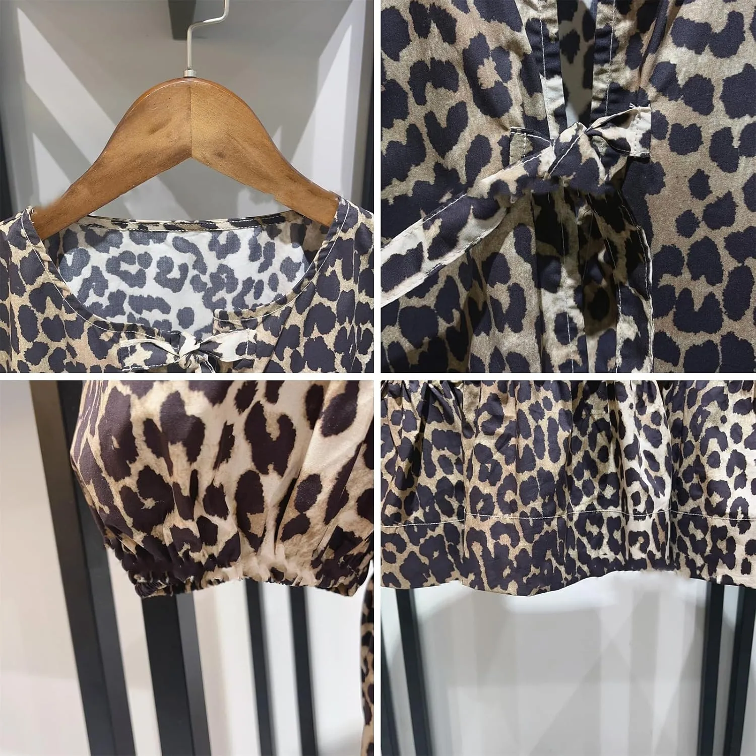 Tie Front Tops Womens Y2k Leopard Print Peplum Babydoll Top 3/4 Length Puff Sleeve Coquette Cute Going Out Tops