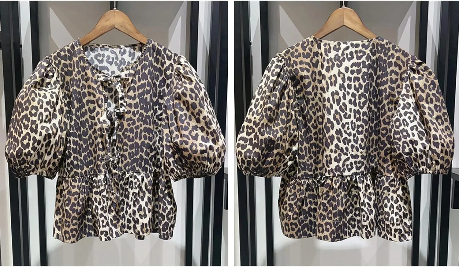 Tie Front Tops Womens Y2k Leopard Print Peplum Babydoll Top 3/4 Length Puff Sleeve Coquette Cute Going Out Tops