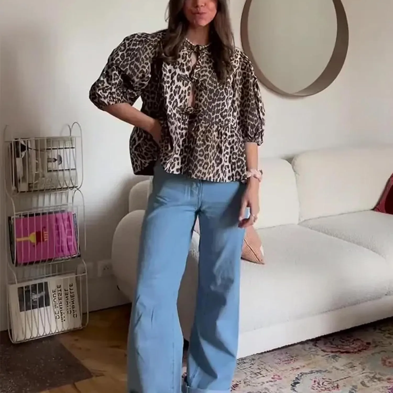 Tie Front Tops Womens Y2k Leopard Print Peplum Babydoll Top 3/4 Length Puff Sleeve Coquette Cute Going Out Tops