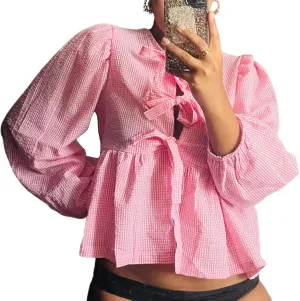 Tie Front Tops Womens Y2k Leopard Print Peplum Babydoll Top 3/4 Length Puff Sleeve Coquette Cute Going Out Tops