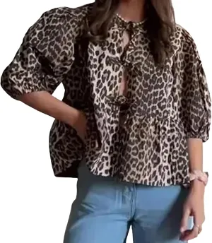 Tie Front Tops Womens Y2k Leopard Print Peplum Babydoll Top 3/4 Length Puff Sleeve Coquette Cute Going Out Tops