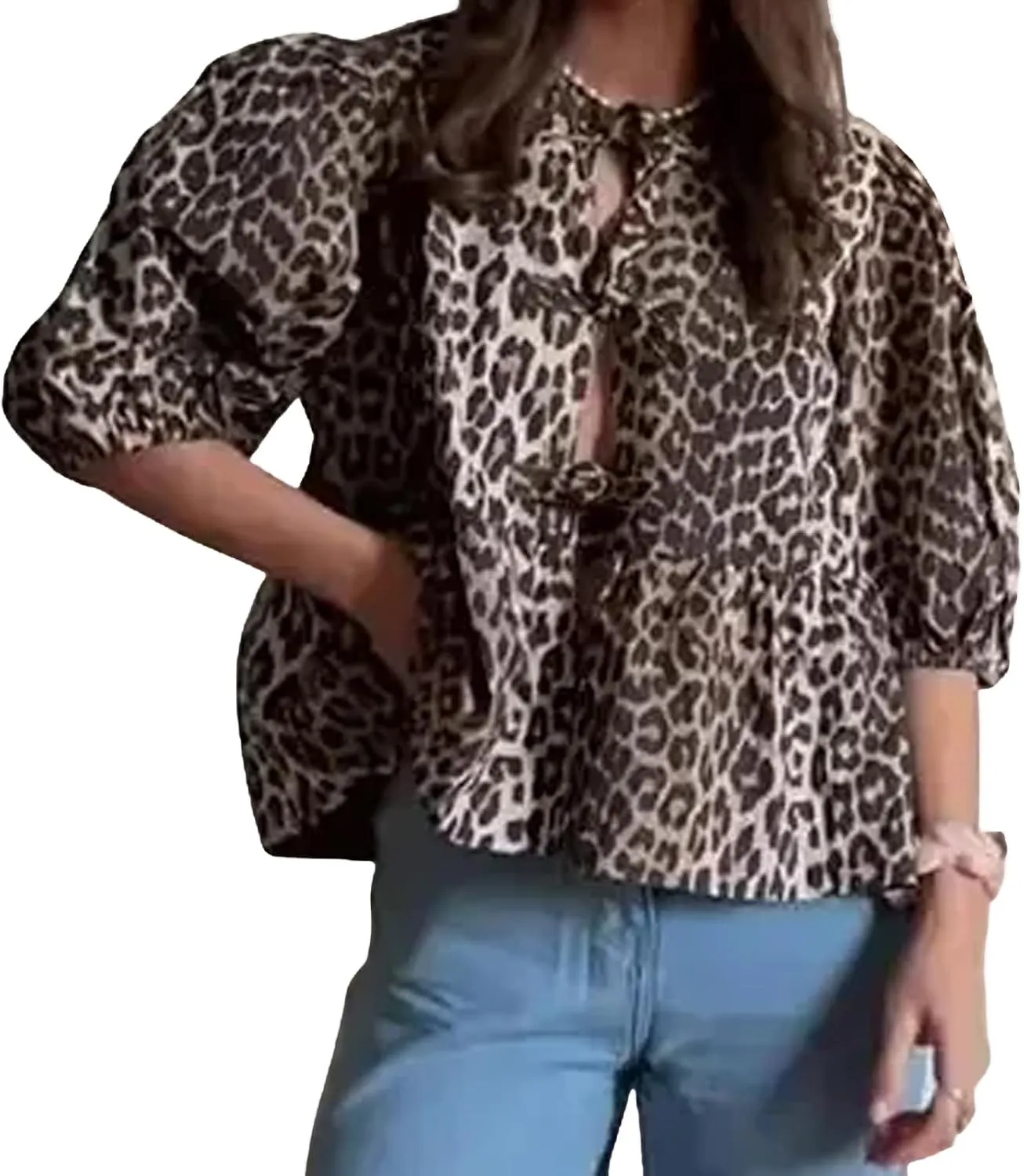 Tie Front Tops Womens Y2k Leopard Print Peplum Babydoll Top 3/4 Length Puff Sleeve Coquette Cute Going Out Tops