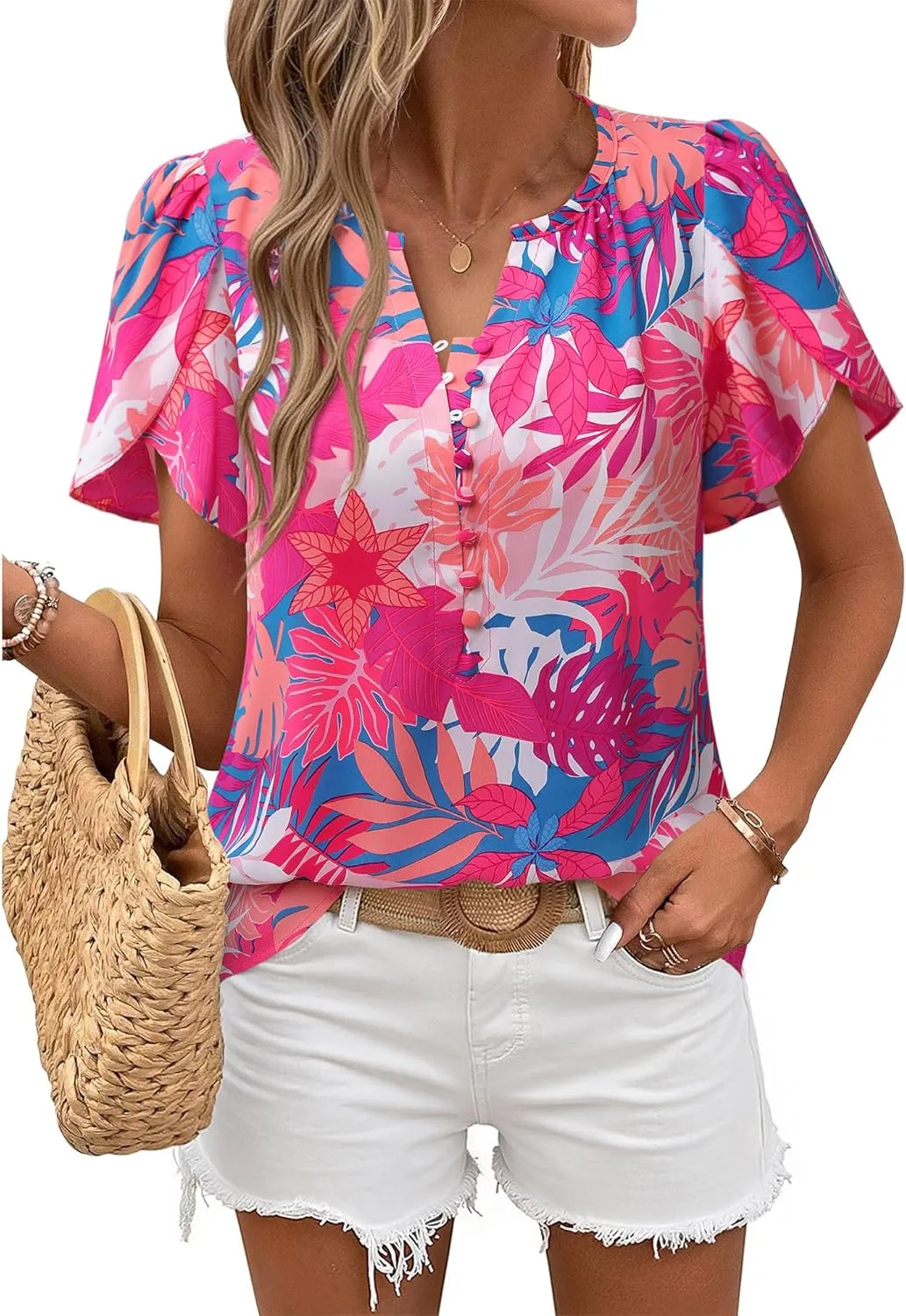 Timeson Womens Summer Tops Boho Short Sleeve Business Casual Blouses Button Down Floral Shirts Fashion Beach Vacation Clothes