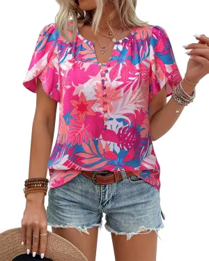 Timeson Womens Summer Tops Boho Short Sleeve Business Casual Blouses Button Down Floral Shirts Fashion Beach Vacation Clothes