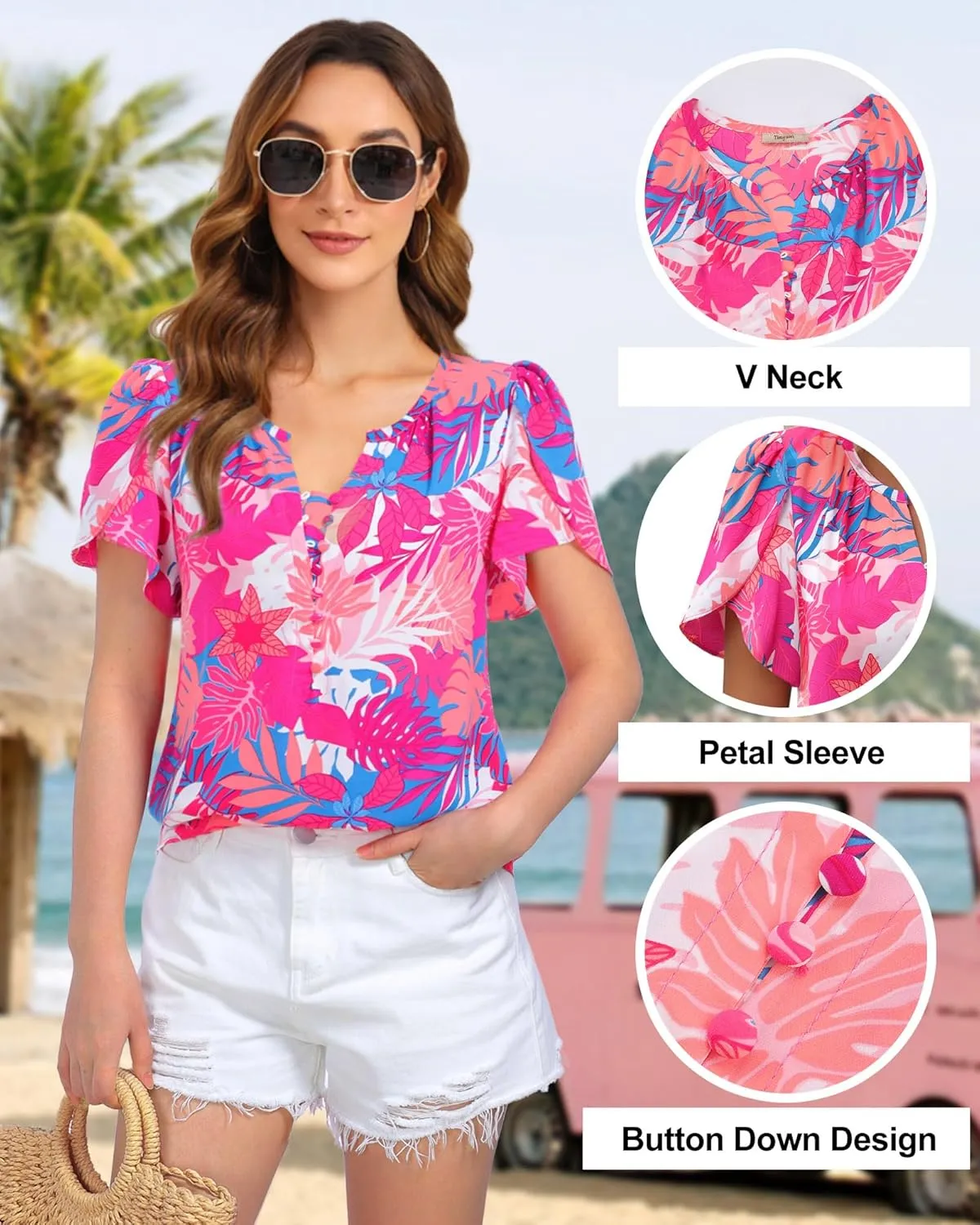 Timeson Womens Summer Tops Boho Short Sleeve Business Casual Blouses Button Down Floral Shirts Fashion Beach Vacation Clothes