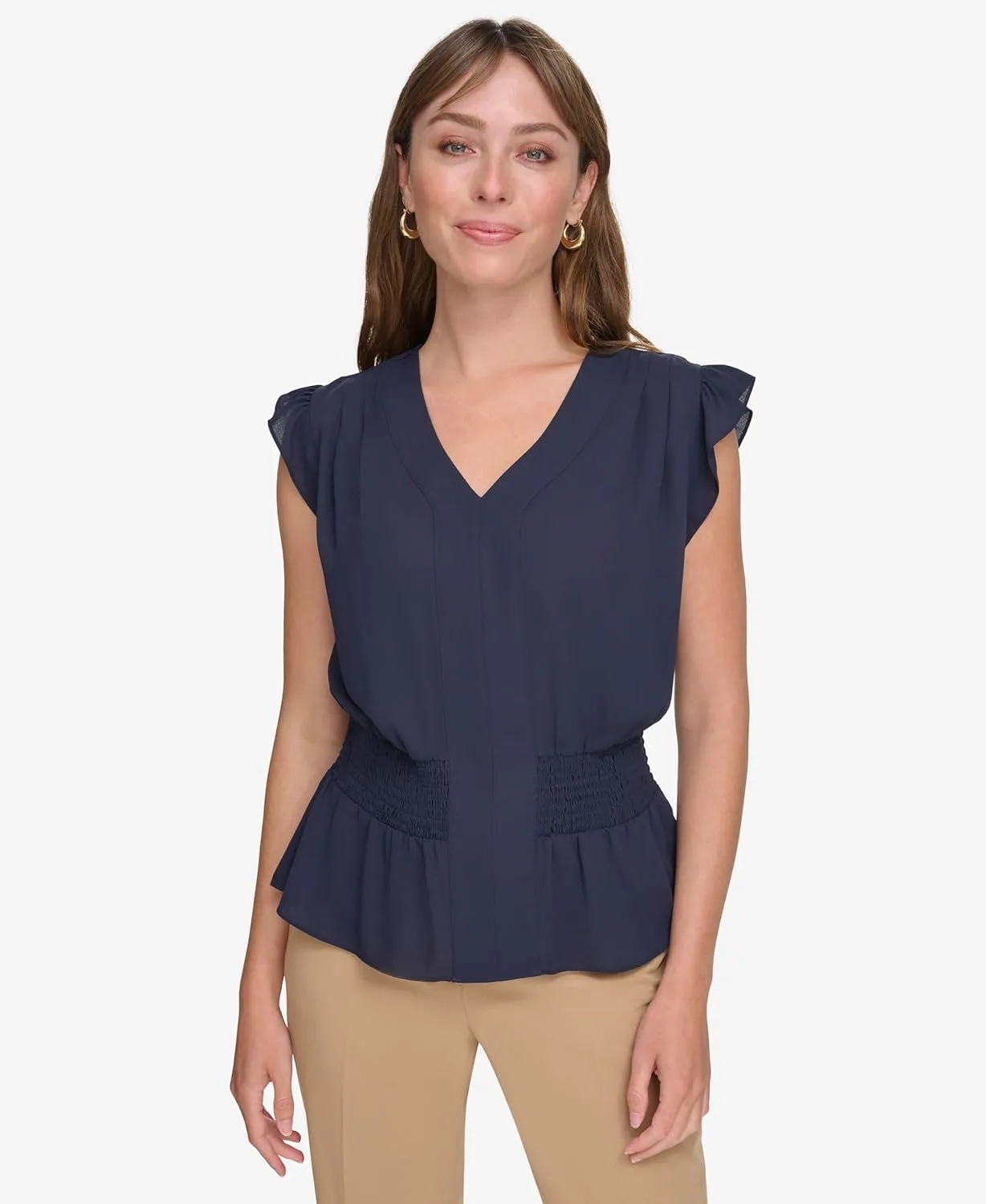 Tommy Hilfiger womens Cap Sleeve Smocked Peplum Blouse