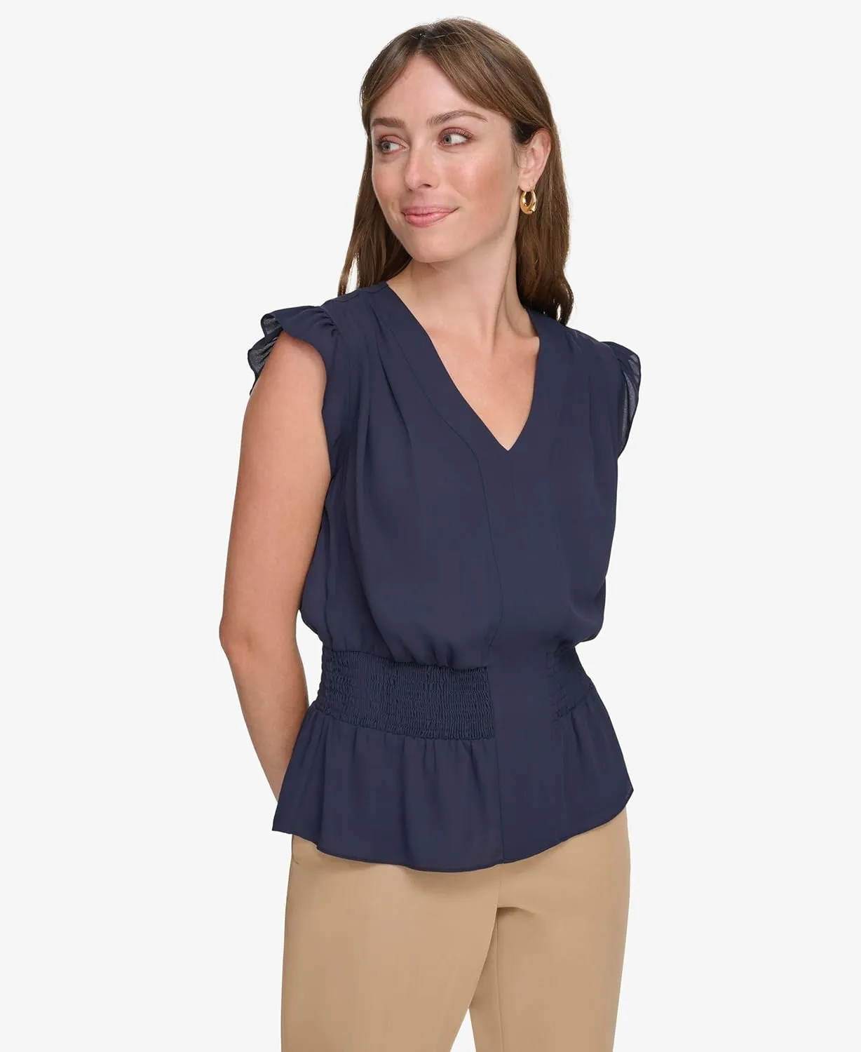 Tommy Hilfiger womens Cap Sleeve Smocked Peplum Blouse