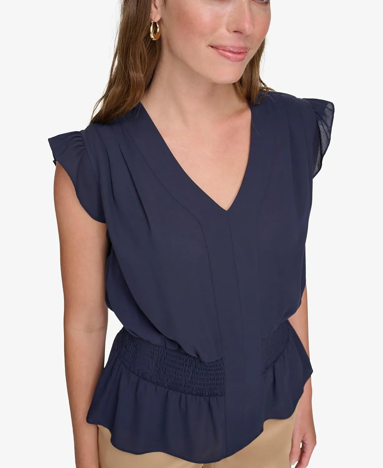 Tommy Hilfiger womens Cap Sleeve Smocked Peplum Blouse