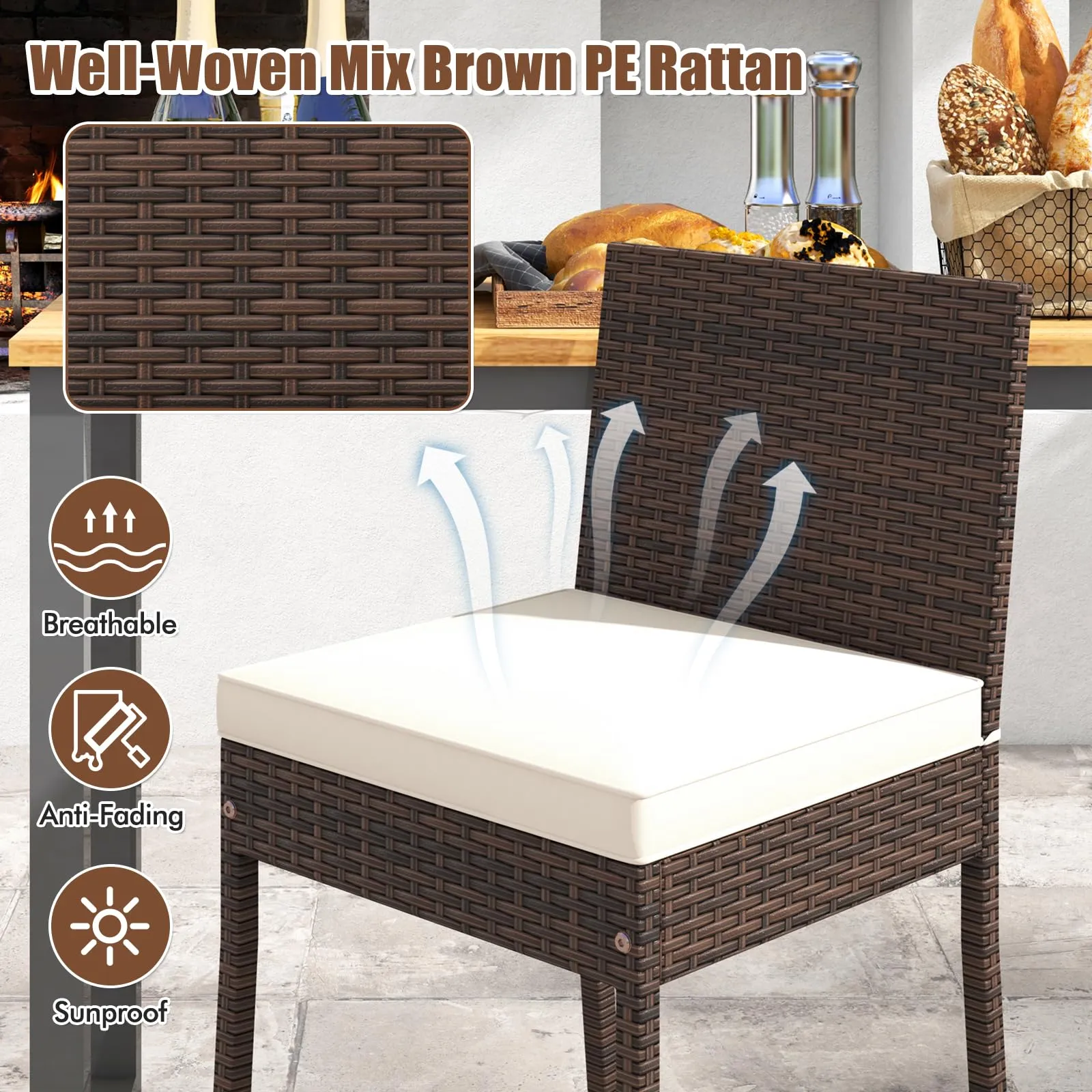 Toolsempire Outdoor Wicker Barstools, Patio Rattan Barstool Set of 4 with Cushion, Footrest & Heavy-Duty Metal Frame, Outdoor Bar Height Chair for Backyard & Balcony