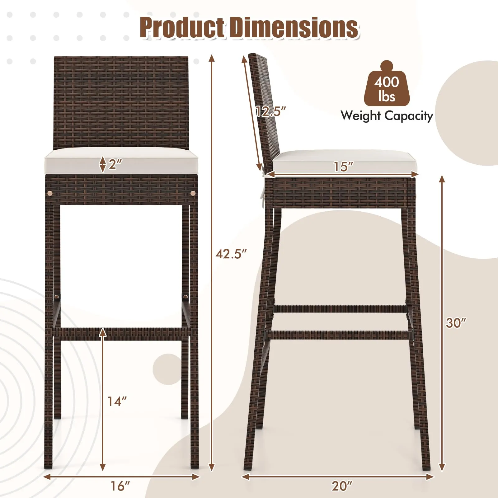Toolsempire Outdoor Wicker Barstools, Patio Rattan Barstool Set of 4 with Cushion, Footrest & Heavy-Duty Metal Frame, Outdoor Bar Height Chair for Backyard & Balcony