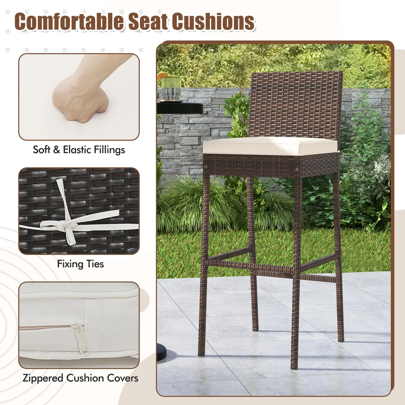 Toolsempire Outdoor Wicker Barstools, Patio Rattan Barstool Set of 4 with Cushion, Footrest & Heavy-Duty Metal Frame, Outdoor Bar Height Chair for Backyard & Balcony