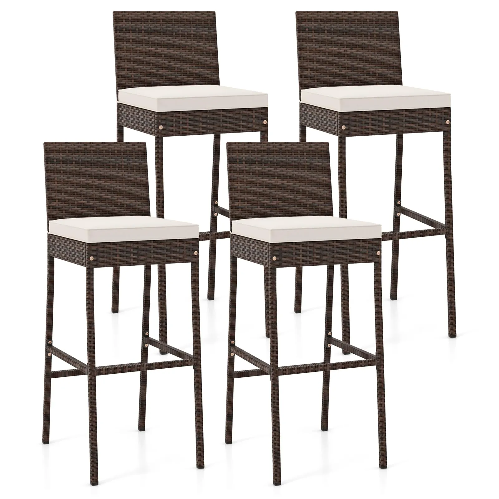 Toolsempire Outdoor Wicker Barstools, Patio Rattan Barstool Set of 4 with Cushion, Footrest & Heavy-Duty Metal Frame, Outdoor Bar Height Chair for Backyard & Balcony