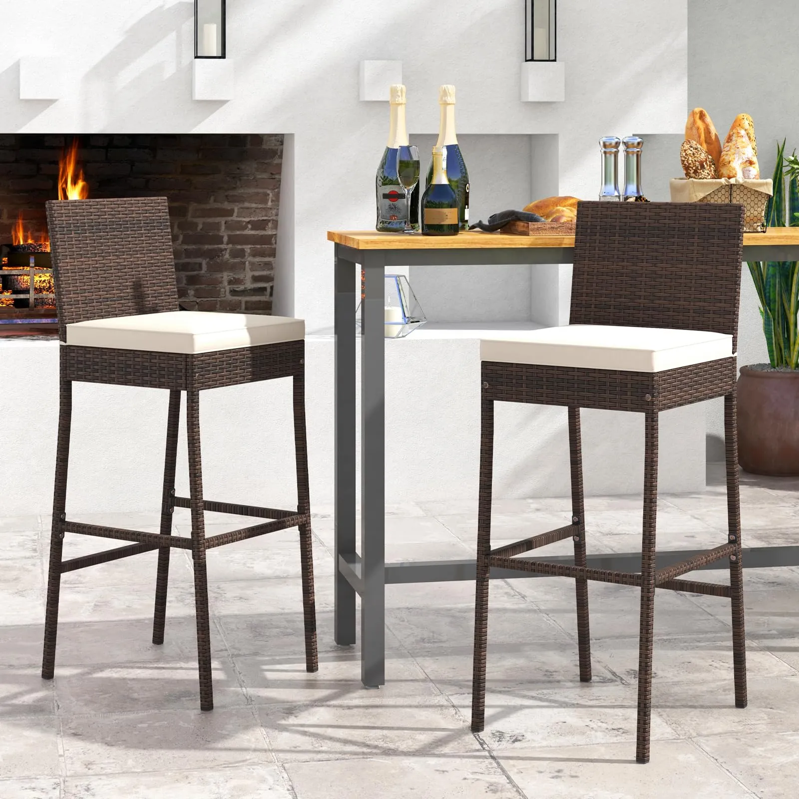 Toolsempire Outdoor Wicker Barstools, Patio Rattan Barstool Set of 4 with Cushion, Footrest & Heavy-Duty Metal Frame, Outdoor Bar Height Chair for Backyard & Balcony