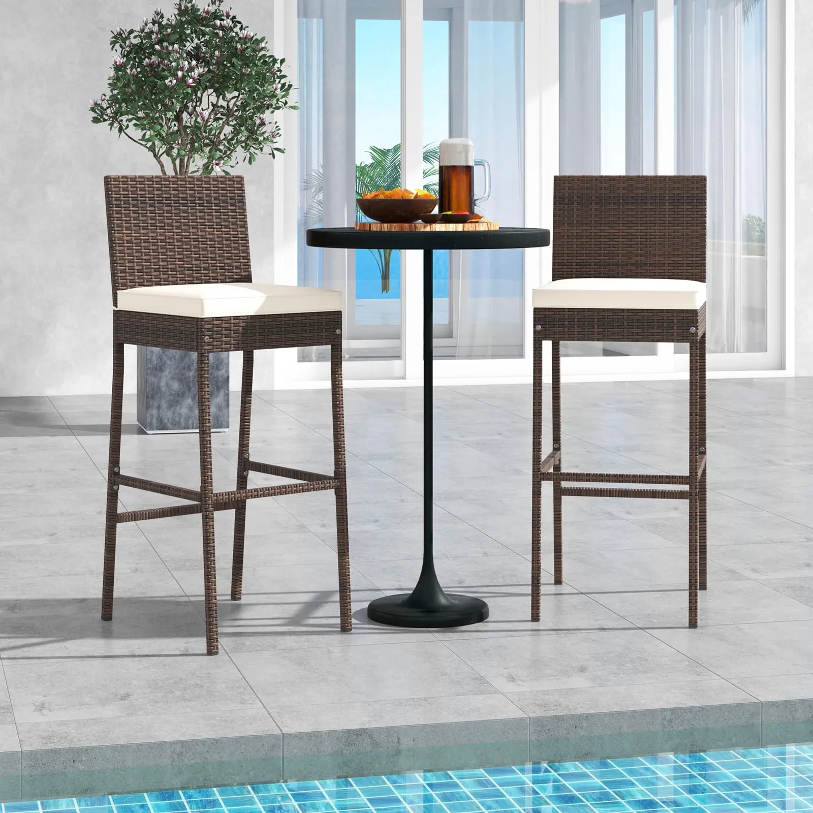 Toolsempire Outdoor Wicker Barstools, Patio Rattan Barstool Set of 4 with Cushion, Footrest & Heavy-Duty Metal Frame, Outdoor Bar Height Chair for Backyard & Balcony