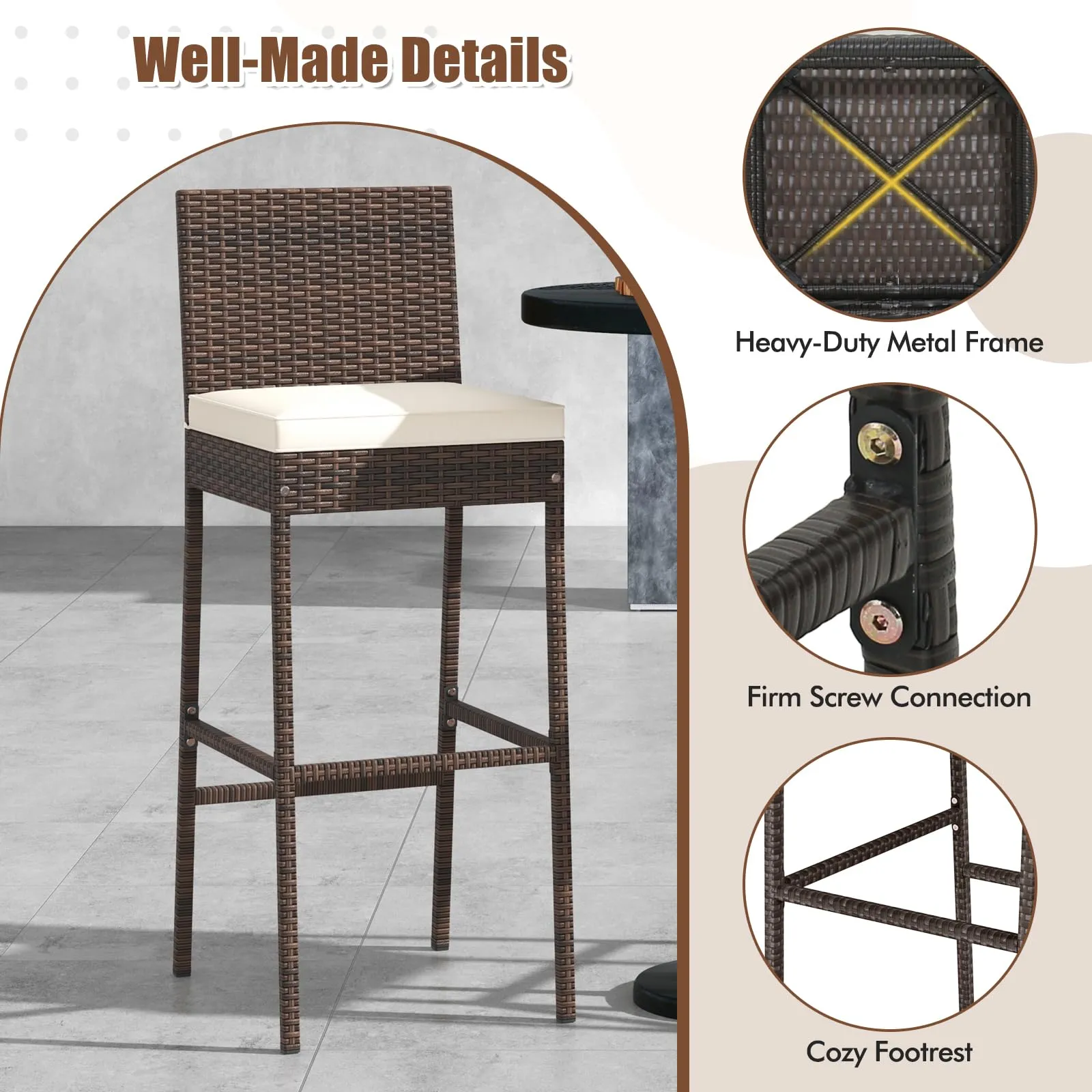 Toolsempire Outdoor Wicker Barstools, Patio Rattan Barstool Set of 4 with Cushion, Footrest & Heavy-Duty Metal Frame, Outdoor Bar Height Chair for Backyard & Balcony