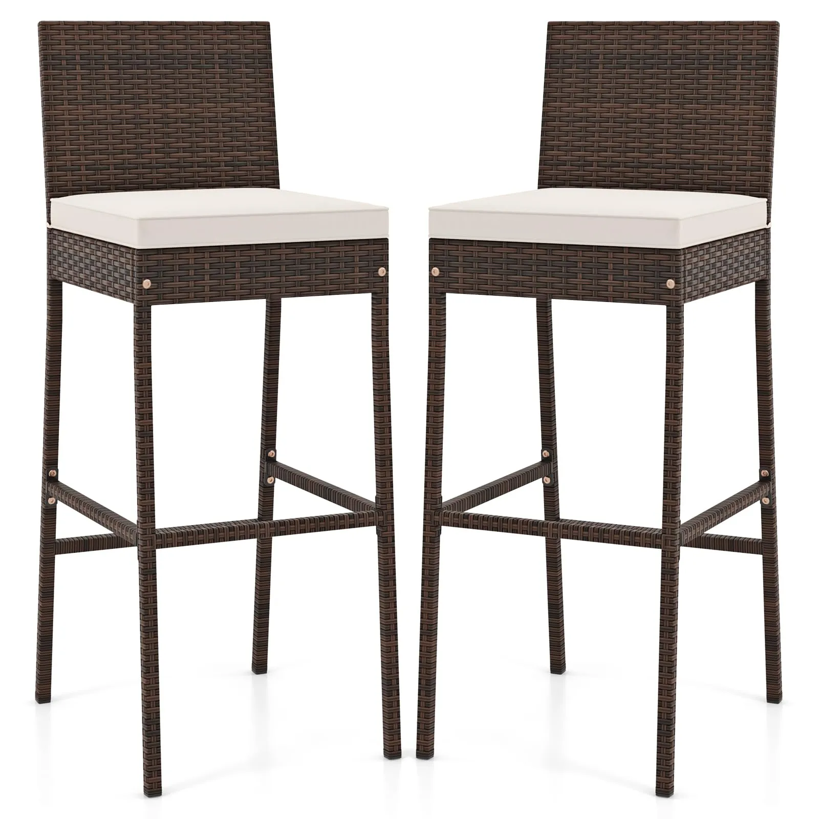 Toolsempire Outdoor Wicker Barstools, Patio Rattan Barstool Set of 4 with Cushion, Footrest & Heavy-Duty Metal Frame, Outdoor Bar Height Chair for Backyard & Balcony