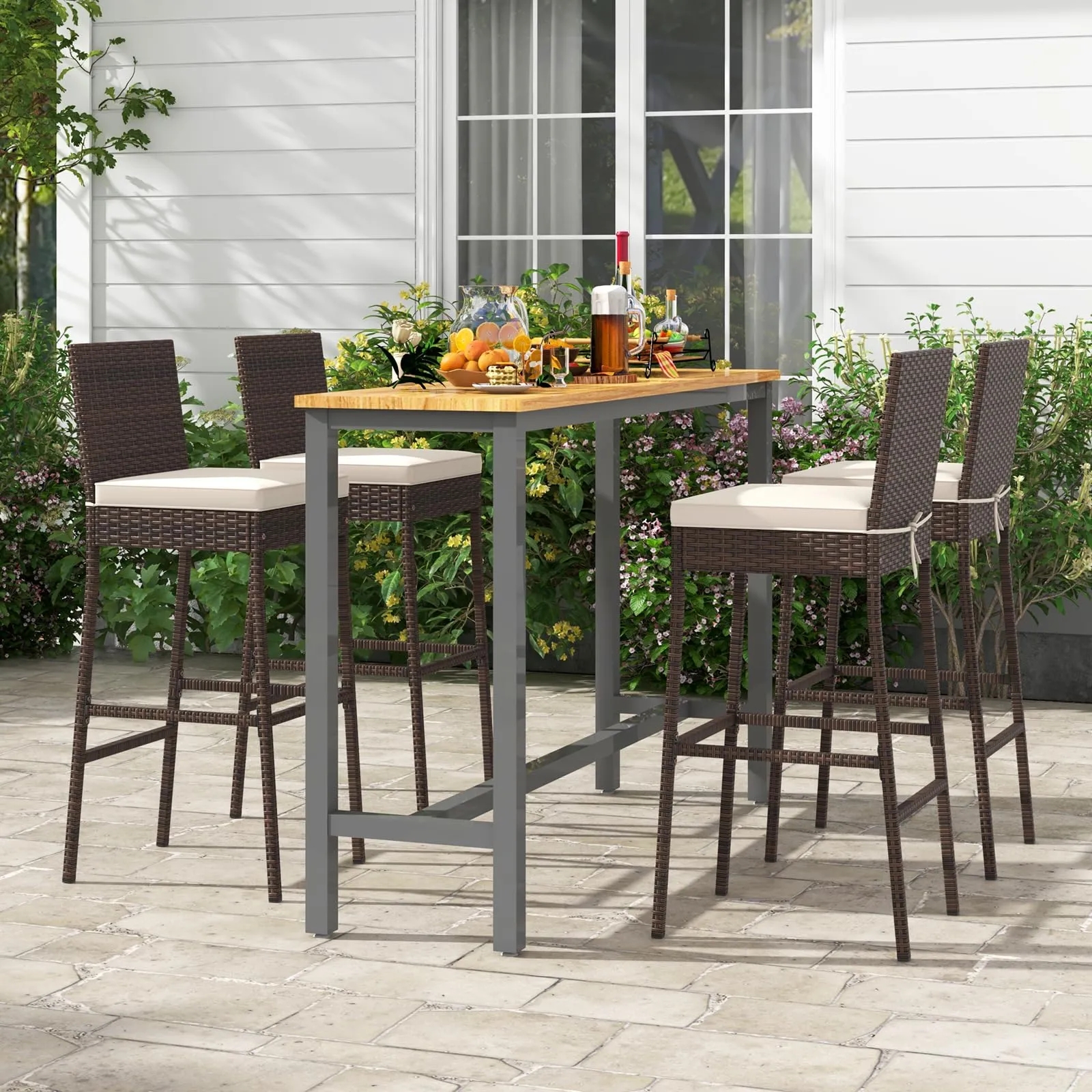 Toolsempire Outdoor Wicker Barstools, Patio Rattan Barstool Set of 4 with Cushion, Footrest & Heavy-Duty Metal Frame, Outdoor Bar Height Chair for Backyard & Balcony