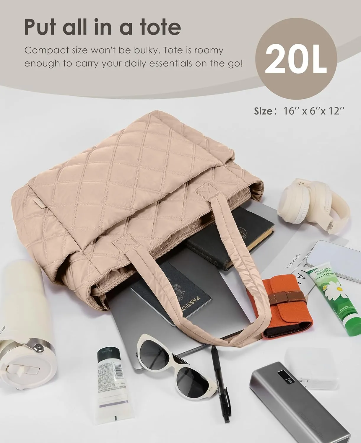 Tote Bag for Women, Lightweight Puffer Tote Work Bags with Compartments for Travel, Quilted Shoulder Bag with Zipper