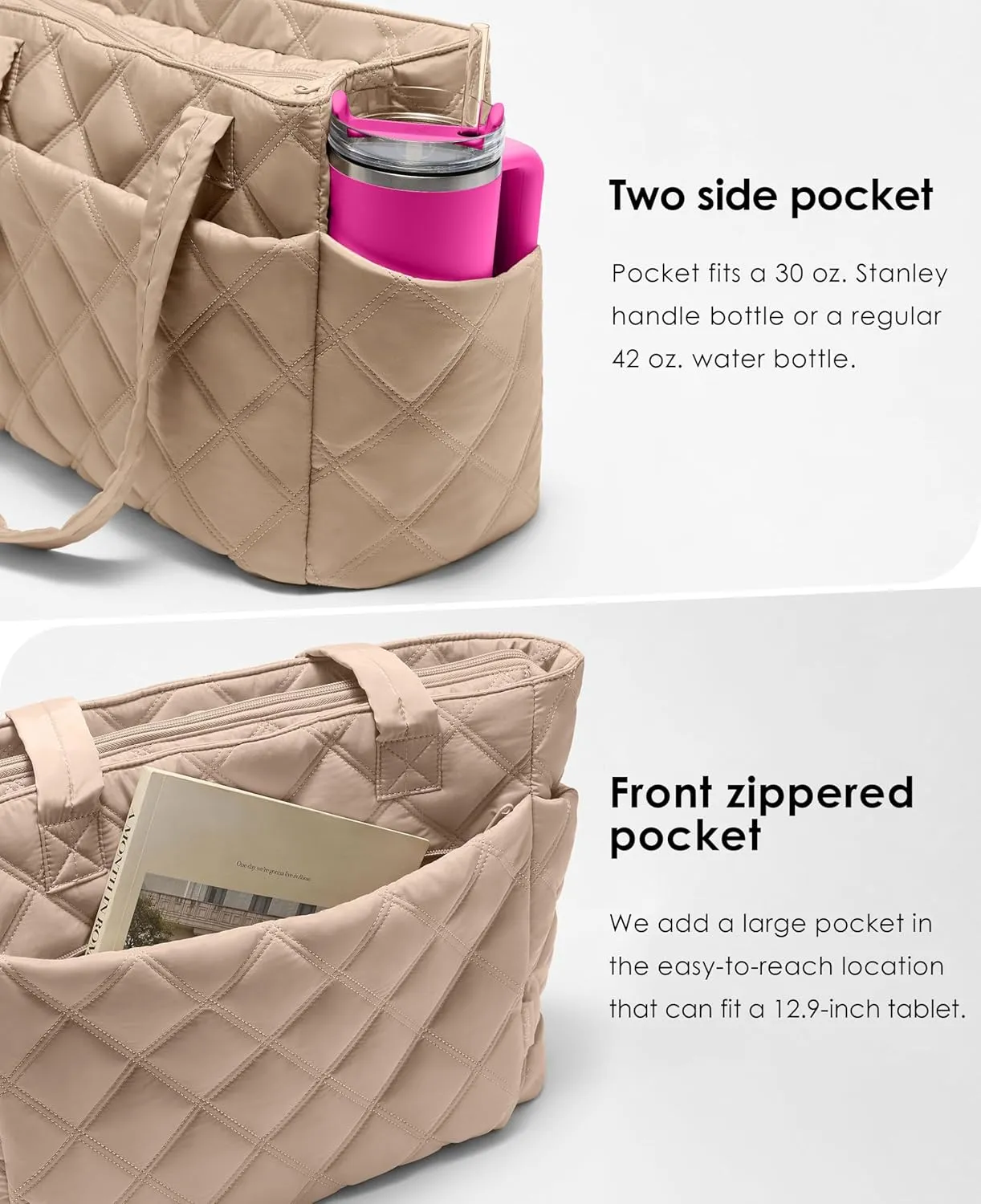 Tote Bag for Women, Lightweight Puffer Tote Work Bags with Compartments for Travel, Quilted Shoulder Bag with Zipper