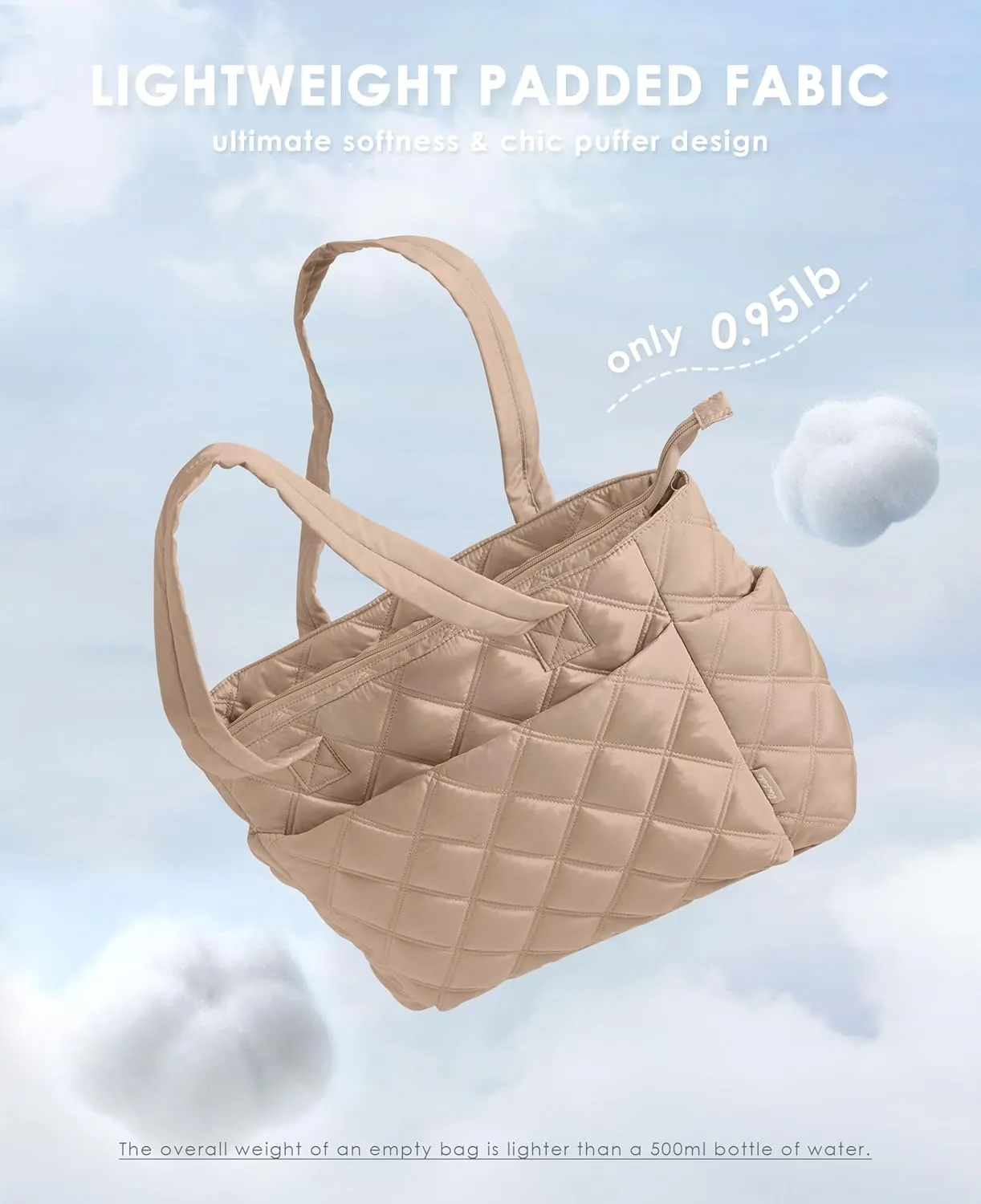 Tote Bag for Women, Lightweight Puffer Tote Work Bags with Compartments for Travel, Quilted Shoulder Bag with Zipper