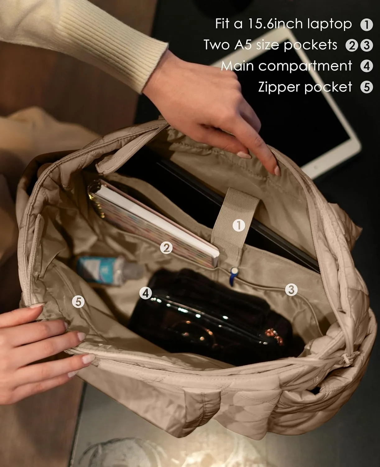 Tote Bag for Women, Lightweight Puffer Tote Work Bags with Compartments for Travel, Quilted Shoulder Bag with Zipper