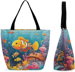 Tote Bags for Women Coral Reef with Colorful Fish Versatile Shoulder Bag with Zipper Large Capacity Handbag Beach Bag Reusable Grocery Bag for Shopping Travel Commuting