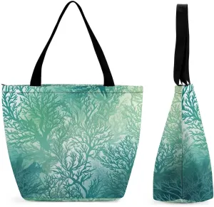 Tote Bags for Women Green Sea Blue Seaweed Versatile Shoulder Bag with Zipper Large Capacity Handbag Beach Bag Reusable Grocery Bag for Shopping Travel Commuting