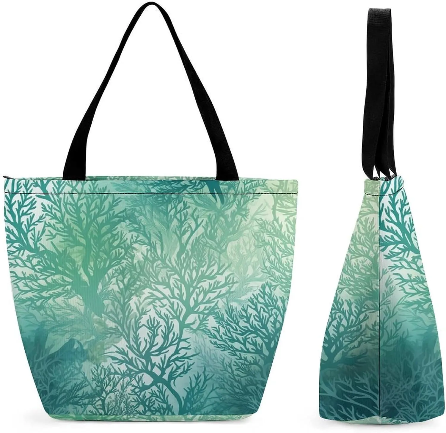 Tote Bags for Women Green Sea Blue Seaweed Versatile Shoulder Bag with Zipper Large Capacity Handbag Beach Bag Reusable Grocery Bag for Shopping Travel Commuting