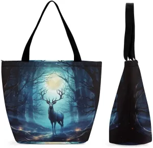 Tote Bags for Women Moonlight Deer Versatile Shoulder Bag with Zipper Large Capacity Handbag Beach Bag Reusable Grocery Bag for Shopping Travel Commuting