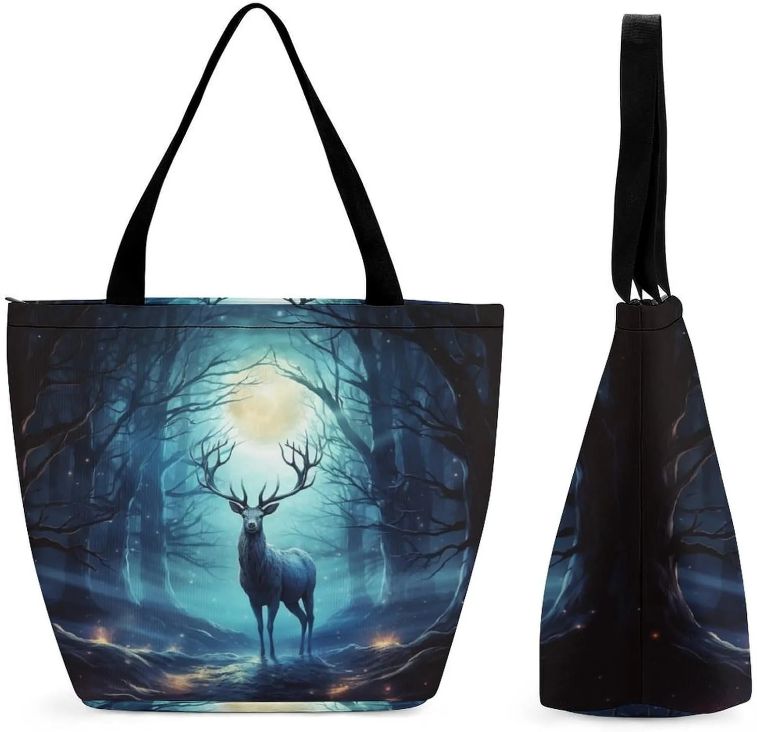 Tote Bags for Women Moonlight Deer Versatile Shoulder Bag with Zipper Large Capacity Handbag Beach Bag Reusable Grocery Bag for Shopping Travel Commuting