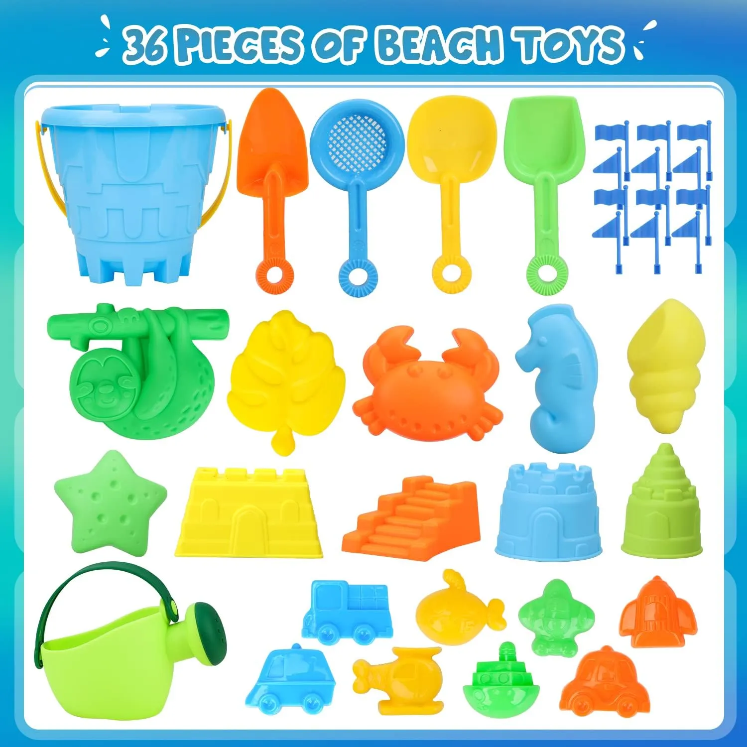 TOY Life 36 Pcs Beach Toys Sand Toys Toddlers with Castle Bucket Shovels & Sand Castle Building Kit Molds, Sandbox Toy Travel, Beach Party, Fishing, Summer Toy Activities