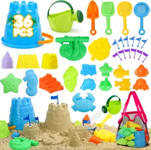 TOY Life 36 Pcs Beach Toys Sand Toys Toddlers with Castle Bucket Shovels & Sand Castle Building Kit Molds, Sandbox Toy Travel, Beach Party, Fishing, Summer Toy Activities
