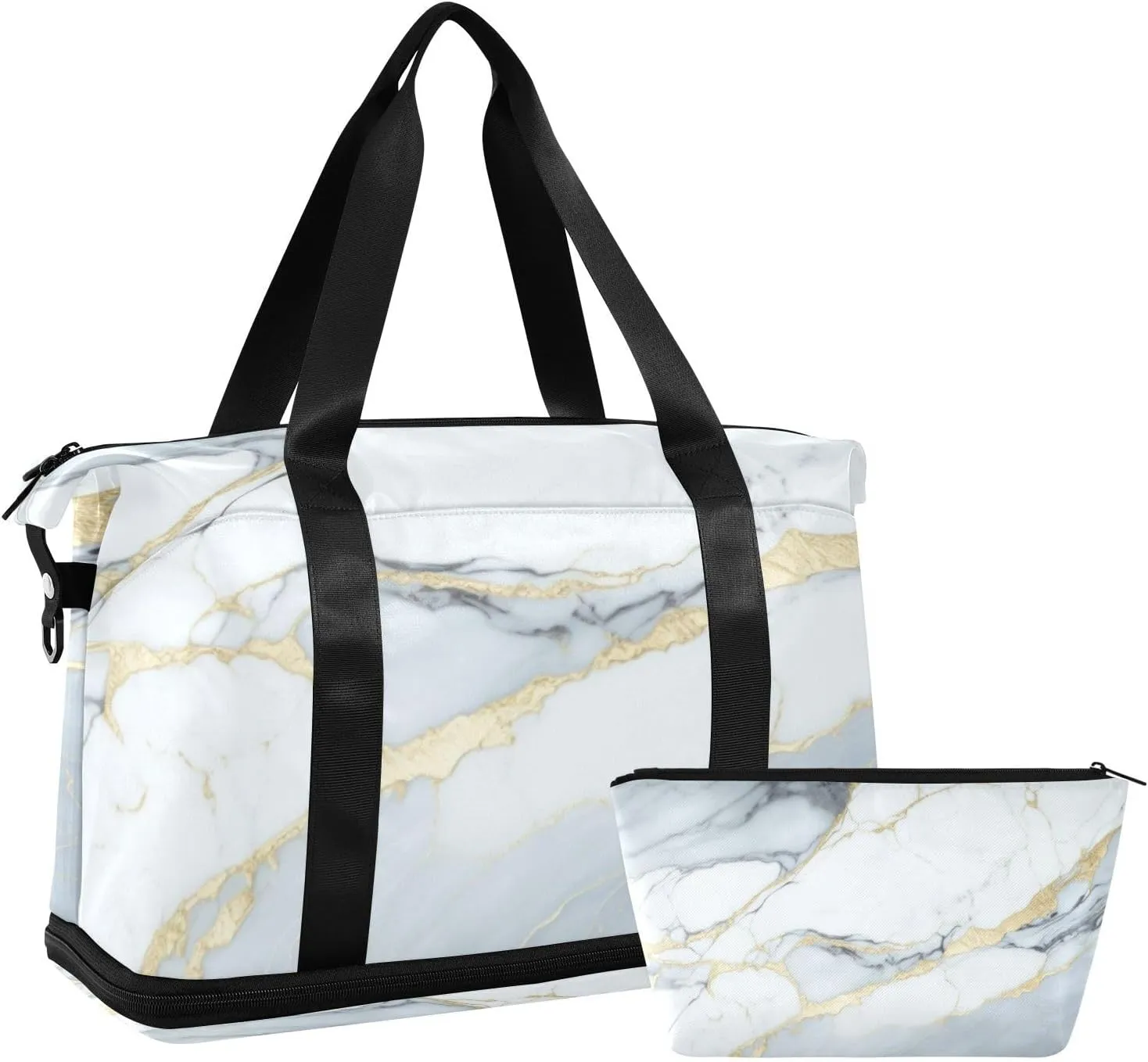 Travel Duffel Bag White Marble with Golden Veins Gym Duffel Bag for Men & Women with Shoe & Wet Compartment Shoulder Weekender Overnight Bag
