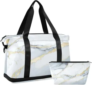 Travel Duffel Bag White Marble with Golden Veins Gym Duffel Bag for Men & Women with Shoe & Wet Compartment Shoulder Weekender Overnight Bag