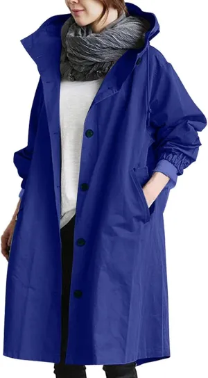 Trench Coat for Women 2023 Long Sleeve Solid Color Button Down Hooded Jacket Windproof Lightweight Plus Size Warm Clothes