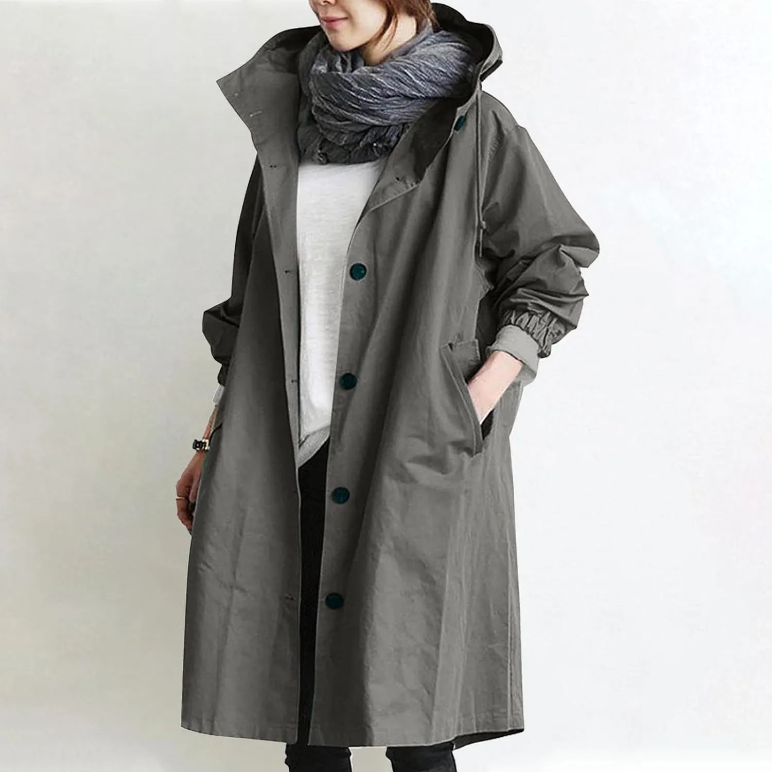 Trench Coat for Women 2023 Long Sleeve Solid Color Button Down Hooded Jacket Windproof Lightweight Plus Size Warm Clothes