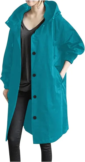 Trench Coat for Women 2023 Long Sleeve Solid Color Button Down Hooded Jacket Windproof Lightweight Plus Size Warm Clothes