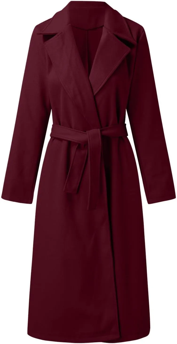 Trench Coat for Women 2023 Open Front Long Sleeve Solid Color Lapel Peacoat Jacket Loose Causal Belted Cardigan Tops