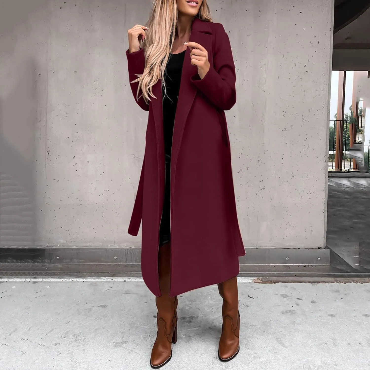 Trench Coat for Women 2023 Open Front Long Sleeve Solid Color Lapel Peacoat Jacket Loose Causal Belted Cardigan Tops