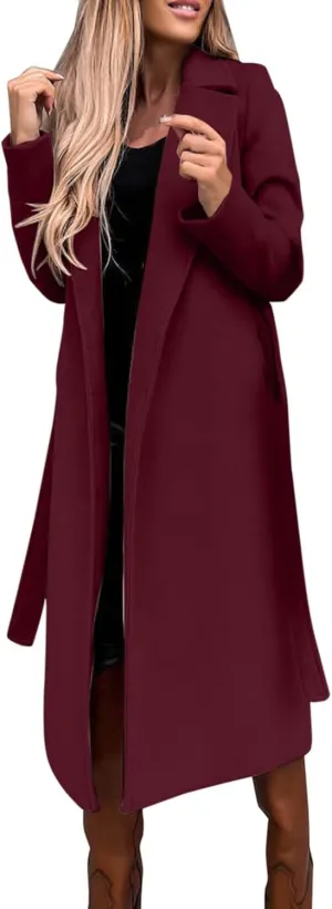 Trench Coat for Women 2023 Open Front Long Sleeve Solid Color Lapel Peacoat Jacket Loose Causal Belted Cardigan Tops