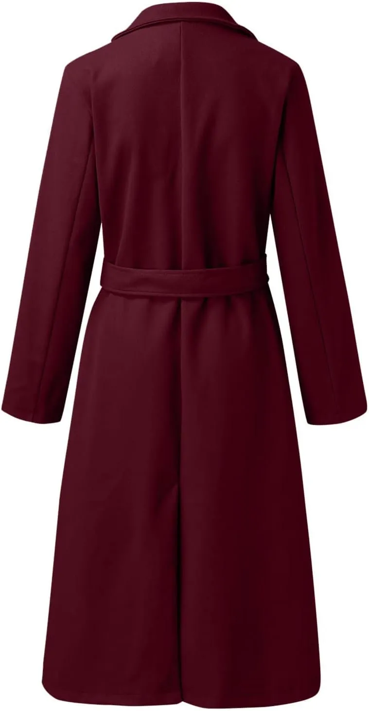 Trench Coat for Women 2023 Open Front Long Sleeve Solid Color Lapel Peacoat Jacket Loose Causal Belted Cardigan Tops
